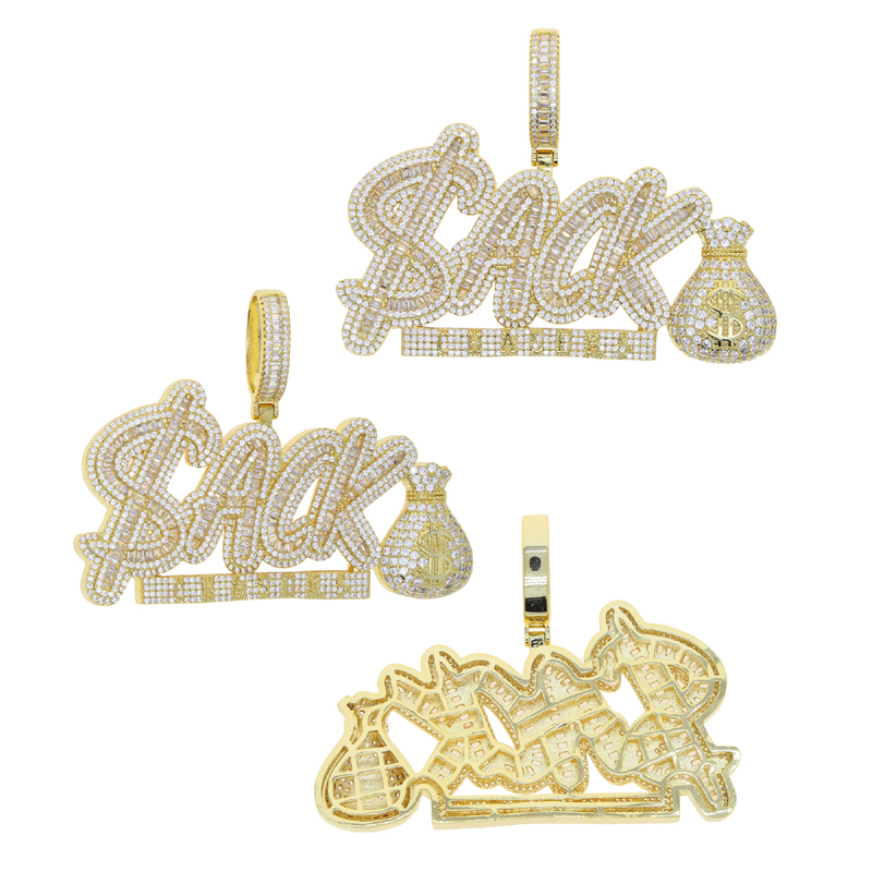 Iced Out Money Bag CZ Letter ACK Pendant Necklaces for Men Women Bling Cubic Zirconia Paved Charm Rapper Hip Hop Jewelry