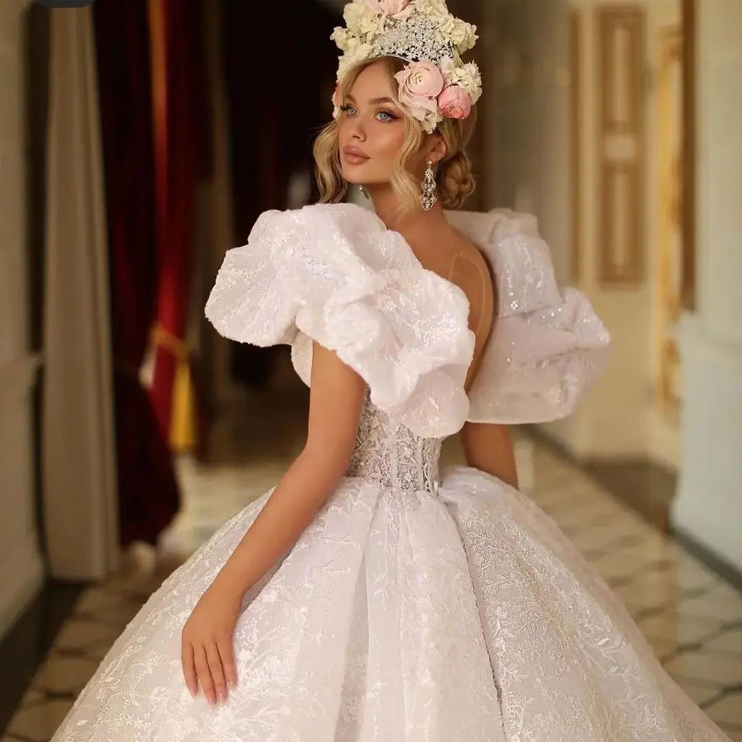 3D Floral Ball Gown Wedding Dress Sexy Deep V Neck Ruched Bride Dresses Lace Appliques Bridal Gowns robes de