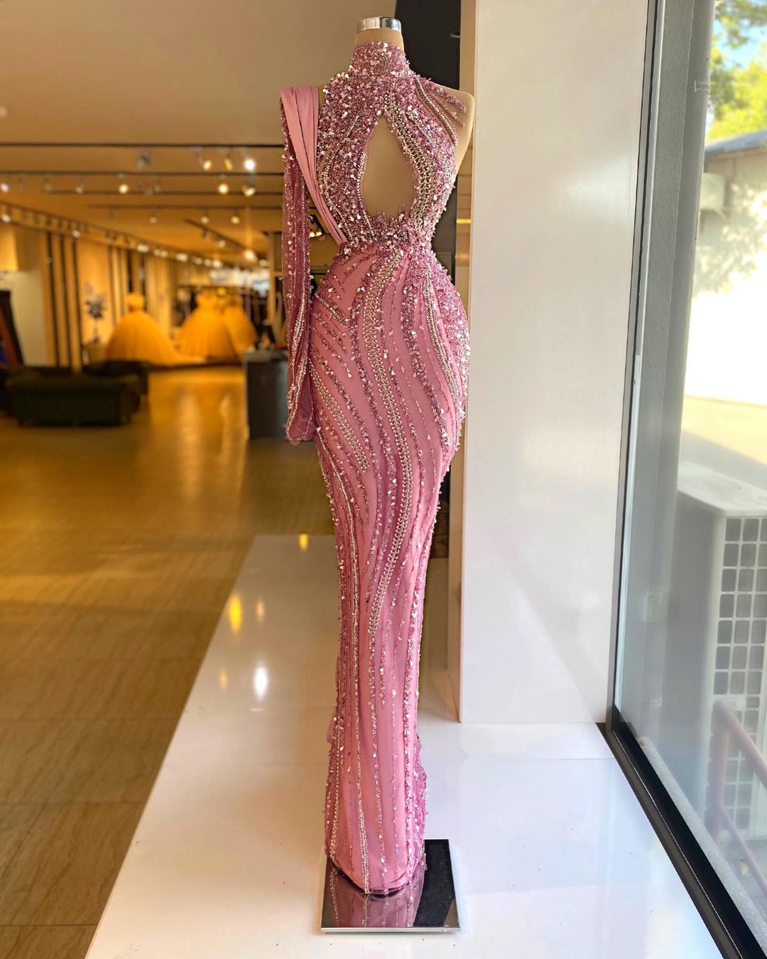 Sparking Sequined Evening Dresses One Shoulder Crystals Party Gowns High Neck Women Formal Floor Length Robe De Soriee