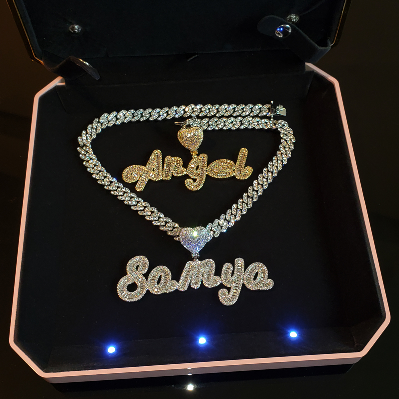 Grandbling Custom Name Necklace with Heart rhinestones Cuban Chain Word Iced Out CZ Personalized Hiphop Jewelry 220722