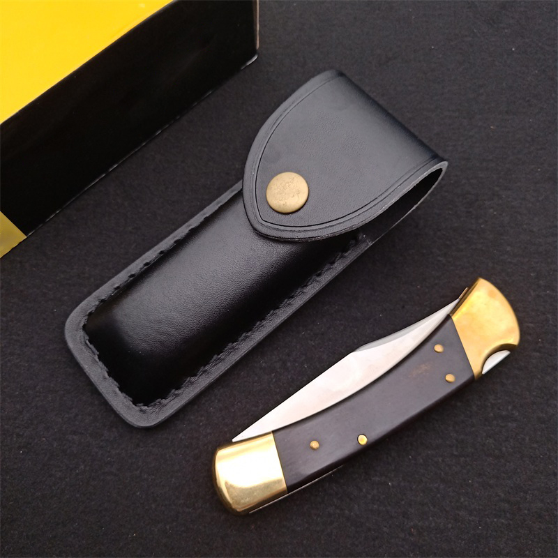 New Classic 110 Push Button Quick Opening Tactical Folding Knife D2 Satin Blade G10 with Brass Head Handle EDC Pocket Knives With Leather Sheath and N