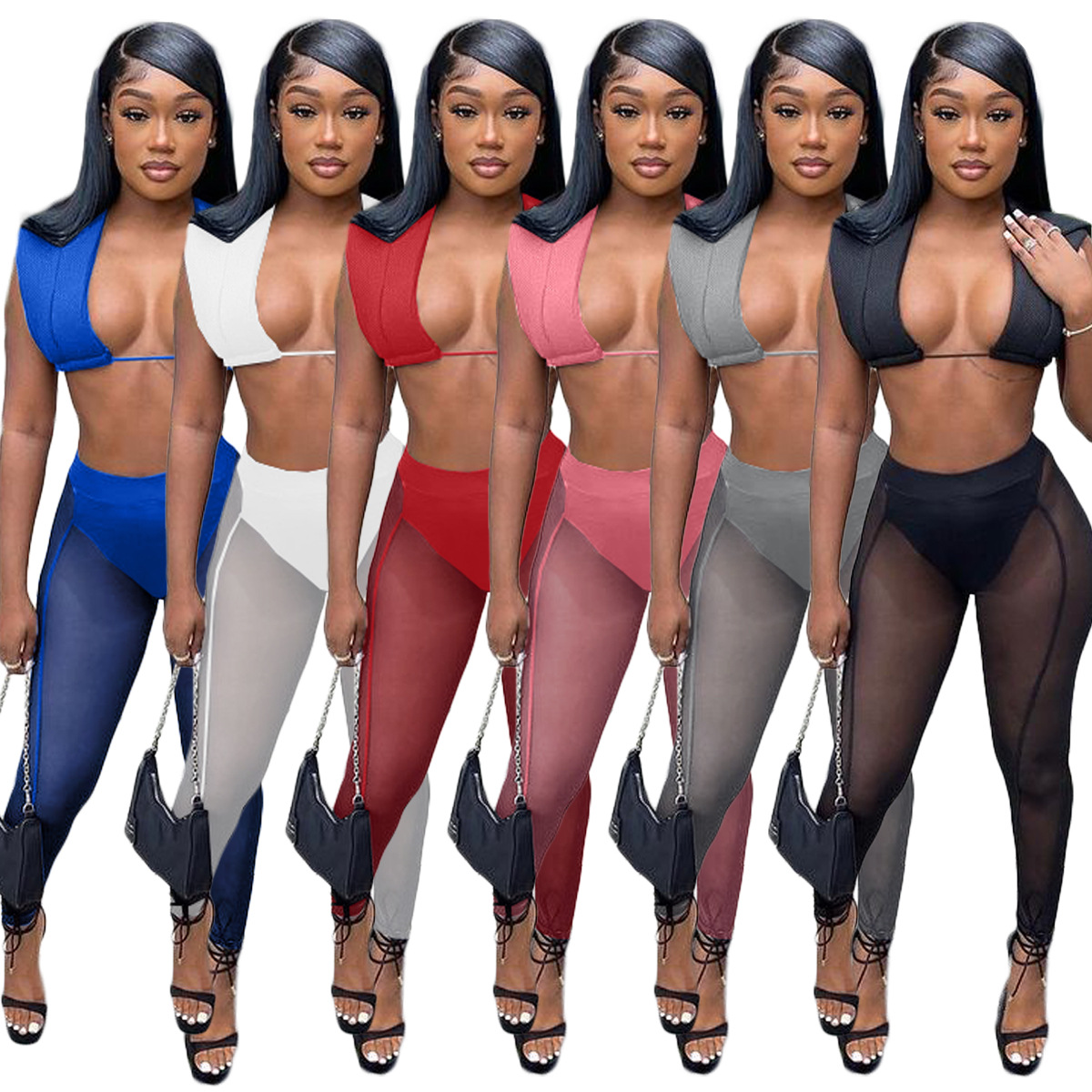 Fashion Mesh See Through Tracksuits For Women Solid V-neck Sleeveless Crop Top And Slim Splicing Pants Two Piece Sets ALS273, Gray
Fashion Mesh See Through Tracksuits For Women Solid V-neck Sleeveless Crop Top And Slim Splicing Pants Two Piece Sets ALS273, Gray