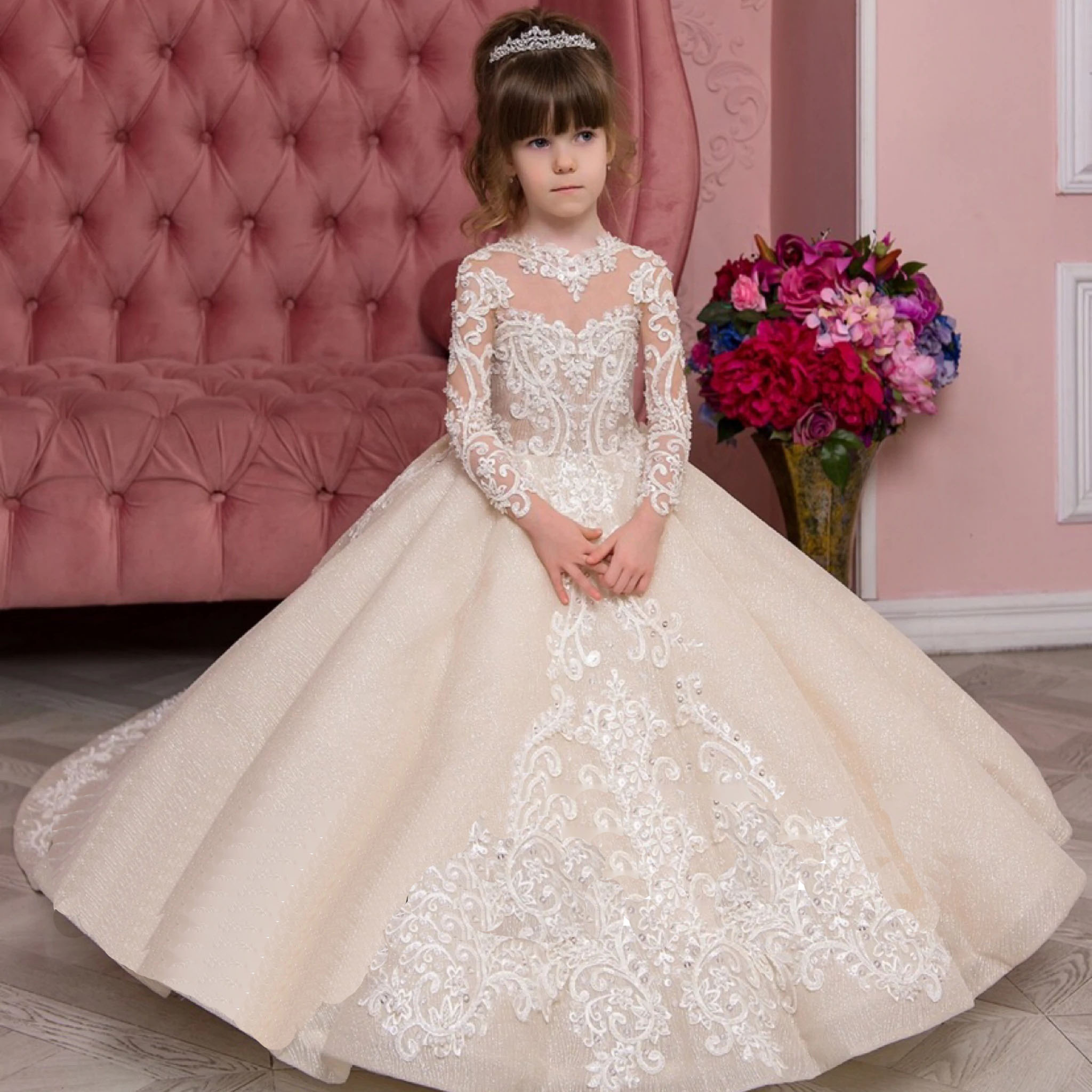 Vintage Champagne Long Sleeve Flower Dresses Sheer Crew Neck Appliques Ruched Tulle Cute Girl Formal Party Gowns Pageant Wears Bc12715 B0312