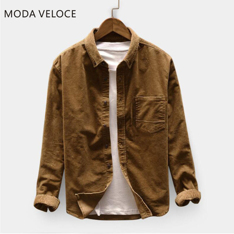 MODA VELOCE Flannel Shirt Men Long Sleeve Winter 4 Colors Corduroy Hip Hop Blouse 220322