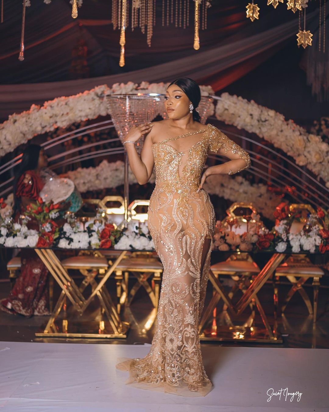 2022 Plus Size Arabic Aso Ebi Gold Luxurious Mermaid Prom Dresses One Shoulder Sexy Evening Formal Party Seocond Reception Birthday Engagement Gowns D