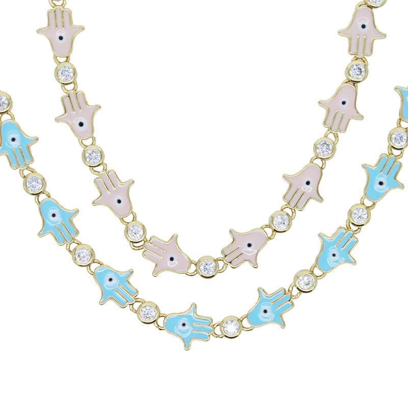 New Arrived Blue Pink Enamel Hamsa Hand Charm Connector Jewelry Gold Color Micro Pave Clear Cz Station Fatima Hand Bracelet