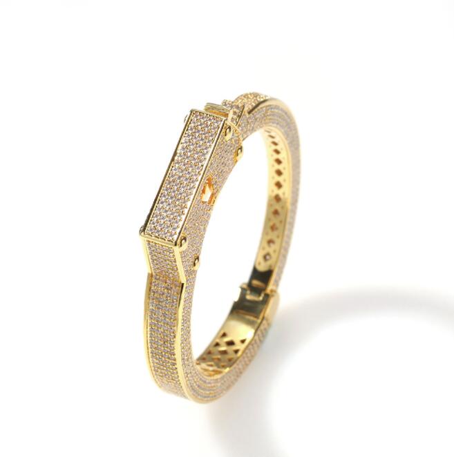Hip Hop AAA Cubic Zirconia Paved Bling Ice Out Open Link Cuff Bangle Men Women Gold Color Lover Handcuff Bracelets Rapper Jewelry3