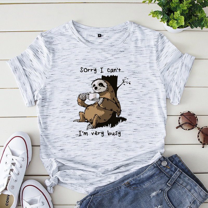 JCGO Women T-shirt Summer Short Sleeve Cotton Ladies Regular Cute Lazy Sloth Print Funny Casual O Neck Female T Shirts Tees Tops 220321