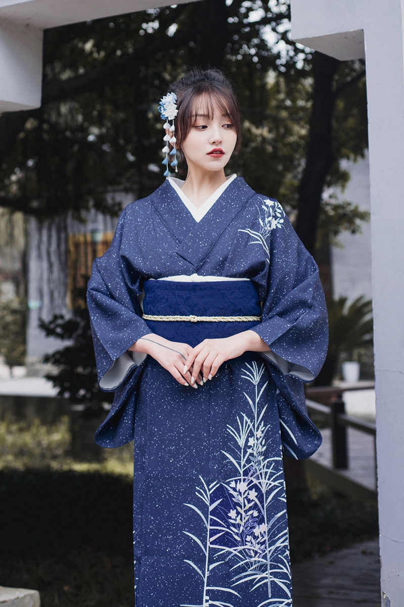 Women ethnic Clothing Traditional Japanese outfit blue kimono elegant V-Neck dress vintage Yukata National Trends Asian costume