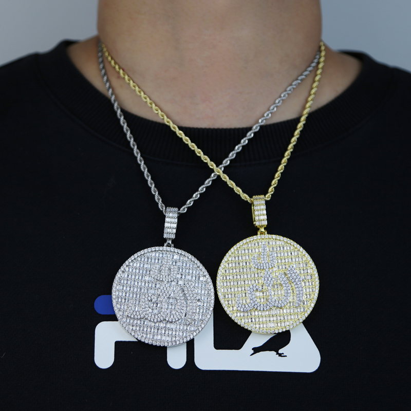 Iced bling Big Round Allah pendant paved full cz stone for women men hip hop cuban chain tennis chain necklace jewelry drop ship