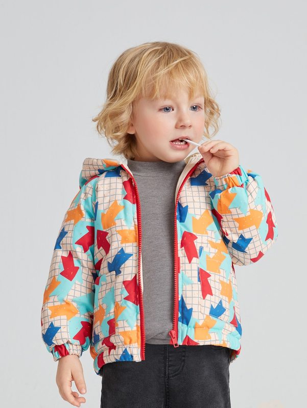 Toddler Boys Geo & Windowpane Print Raglan Sleeve Zipper Hooded Puffer Coat SHE