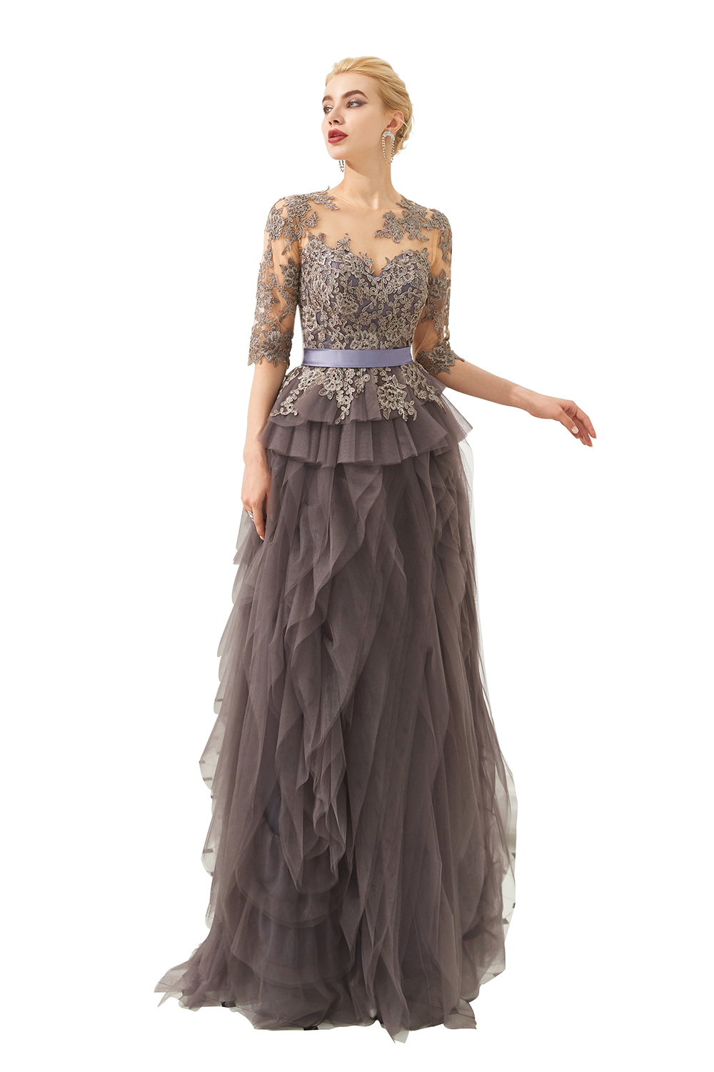 Elegant Mother Of The Bride Dresses Appliques Mid Sleeve Jewel Neck Pottrait A Line Wedding Guest Dress Floor Length Lace Mother Of Groom Gowns