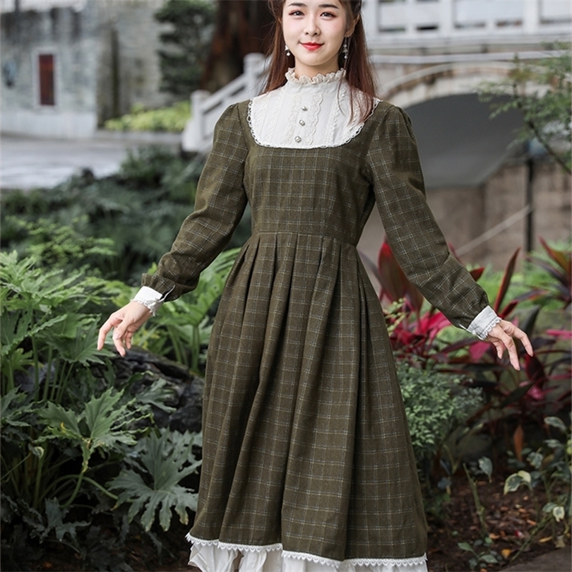 Autumn Winter New Arrival Retro High Quality Princess Style Plaid Stand Collar Flower Embroidery Woman Long Cotton Dress 201008