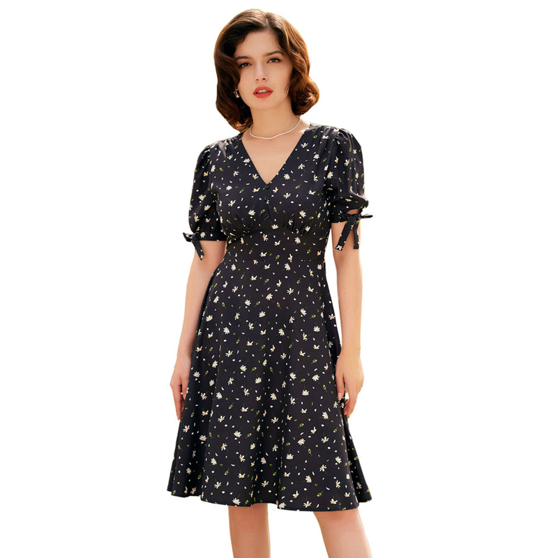 Belle Poque Women's Summer Floral Cherry Print A Line Short Midi Dress Sleeve V-Neck Flared A-Line Sundress A30 220504