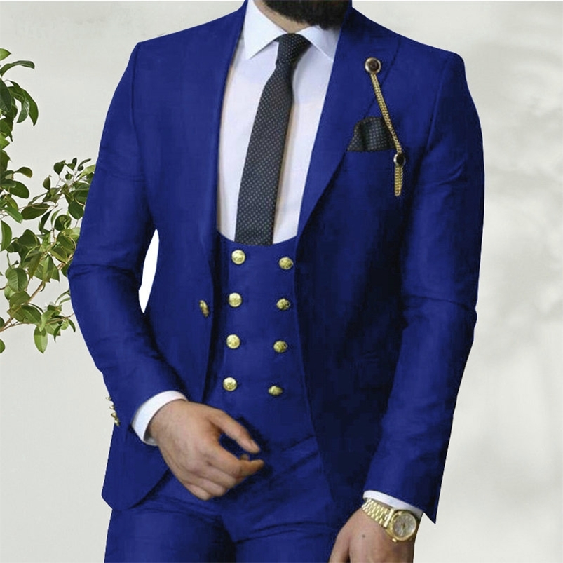 Costume Homme Italian Business Slim Fit 3 Pieces Royal Blue Men's Suits Groom Prom Tuxedos Groomsmen Blazer for Wedding 220817