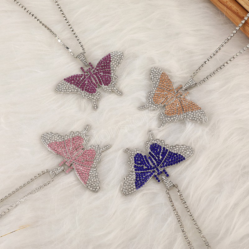 Sparking Fully Iced Out Crystal Pave Butterfly Pendant Fashion Rhinestone Bling Animal Necklace For Women Party Gift