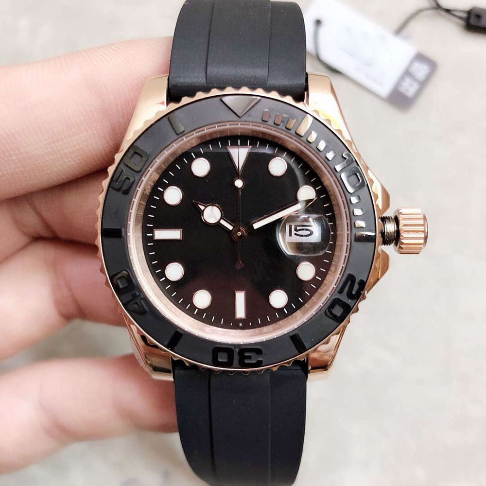 ST9 Everose Gold Watches 40MM Automatic Mechanical Men Watch Black Dial Rotatable Bezel Master Rubber Strap Mens Wristwatches