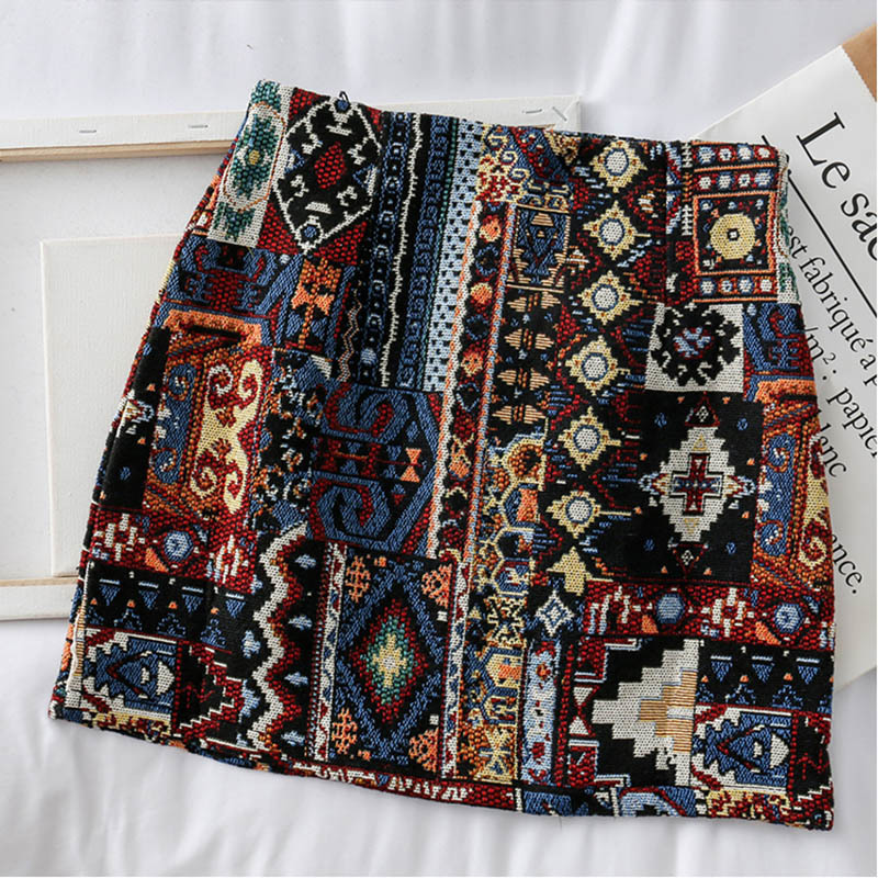 Fashion Indie Folk Embroidery A-Line Mini Skirts Chic Geometric Parttern Tweed Vintage Skirt Female 220317