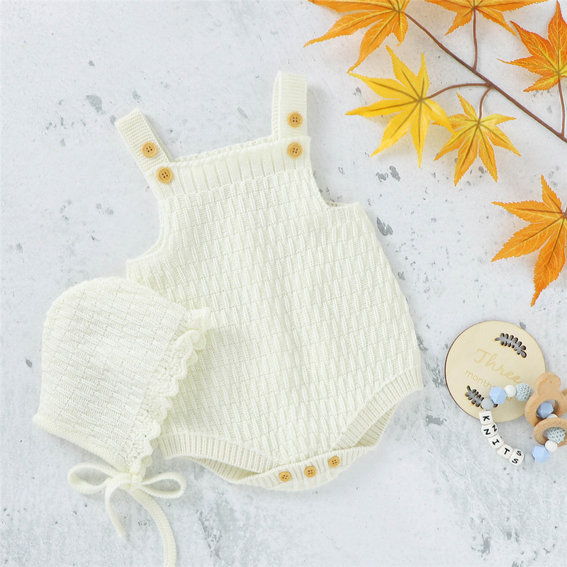 2Pcs Knitted Romper Clothes Set Cotton Triangle Crotch Button OnePiece JumpsuitHats Toddler Baby Boys Girls Outfits 220607