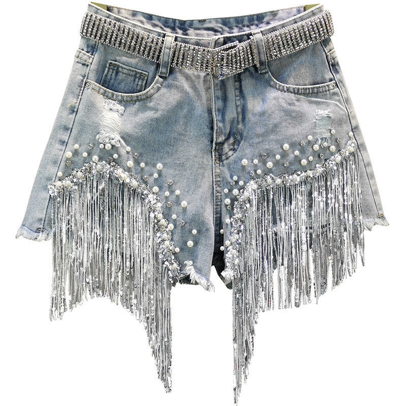 Women Spring Summer Elegant Shorts Lady Tassel Beading High Waist Wide Leg Denim Shorts Female Casual Solid Shorts 220711