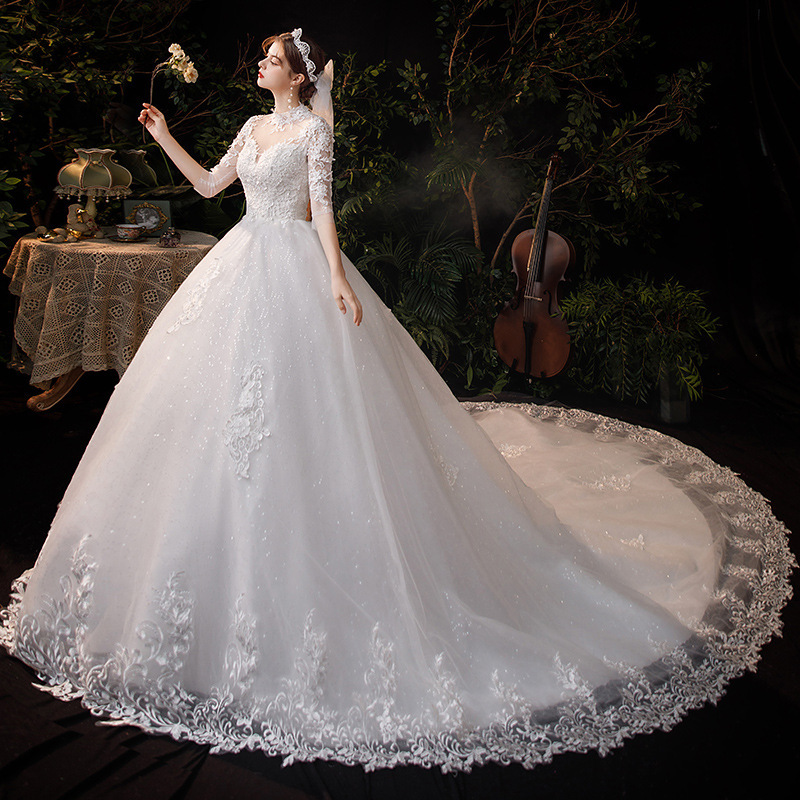 2023 Vintage High Neck See Through Ball Gown Wedding Dresses Luxury Lace Appliqued Plus Size Dubai Bridal Gown With Cathedral Train