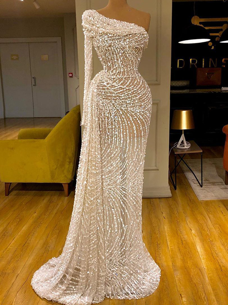 Sexy Illusion Mermaid Prom Dresses One Shoulder Beaded Sequins Evening Dress Formal Party Gown Robe De Soiree