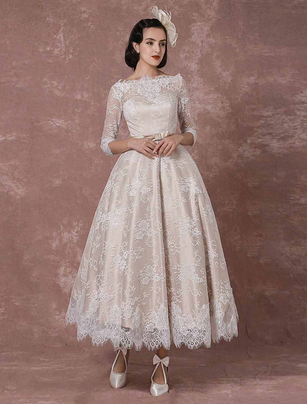 Vintage Champagne A Line Lace Wedding Dress Half Sleeve Tea Length Retro Country Bridal Gowns Open Back Bateau Neck Bride Wedding Dresses Plus Size Ro