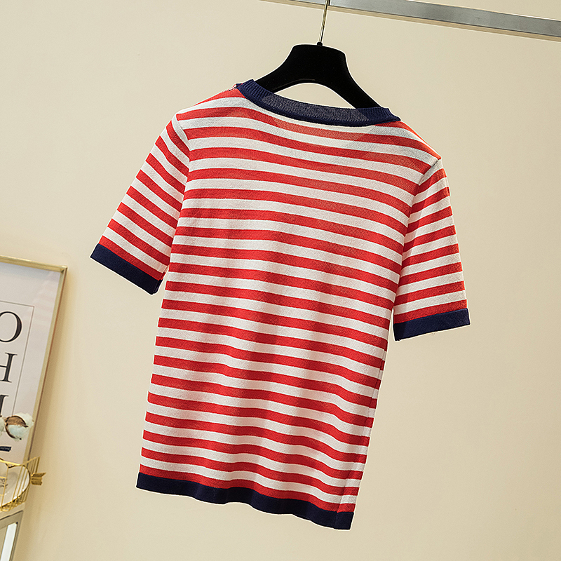 Embroidery Striped Knitted T Shirt Women Casual Short Sleeves Thin T-Shirt Soft Kintwear Woman Tshirts Female Summer Tops 220328