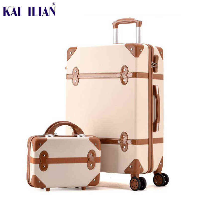 Luggage Inch Women Hard Retro Rolling Set Trolley With Cosmetic Bag Vintage Suitcase For Girls J220707