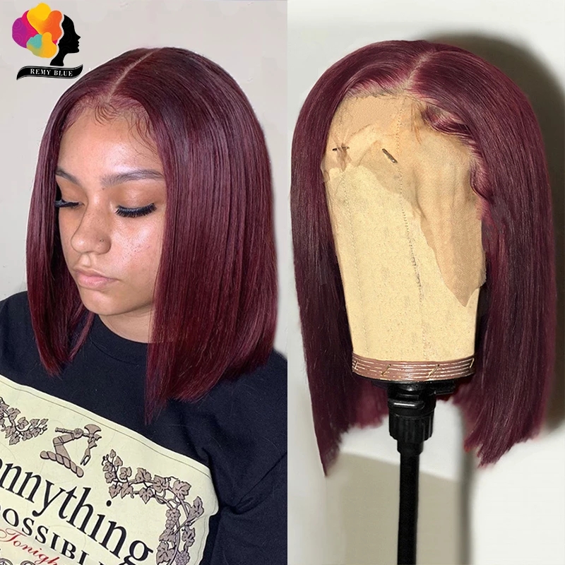 Short Red Burgundy Bob Lace Front Human Hair Wigs Pre-Plucked Wig Blonde/Black Colored Peruvian Straight Synthetic Wig For Women