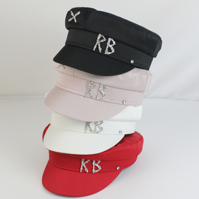 Women Hat Diamond Navy Thin Satin Lady Spring Autumn Silk Flat Cap Beret Octagonal Blingbling 220507