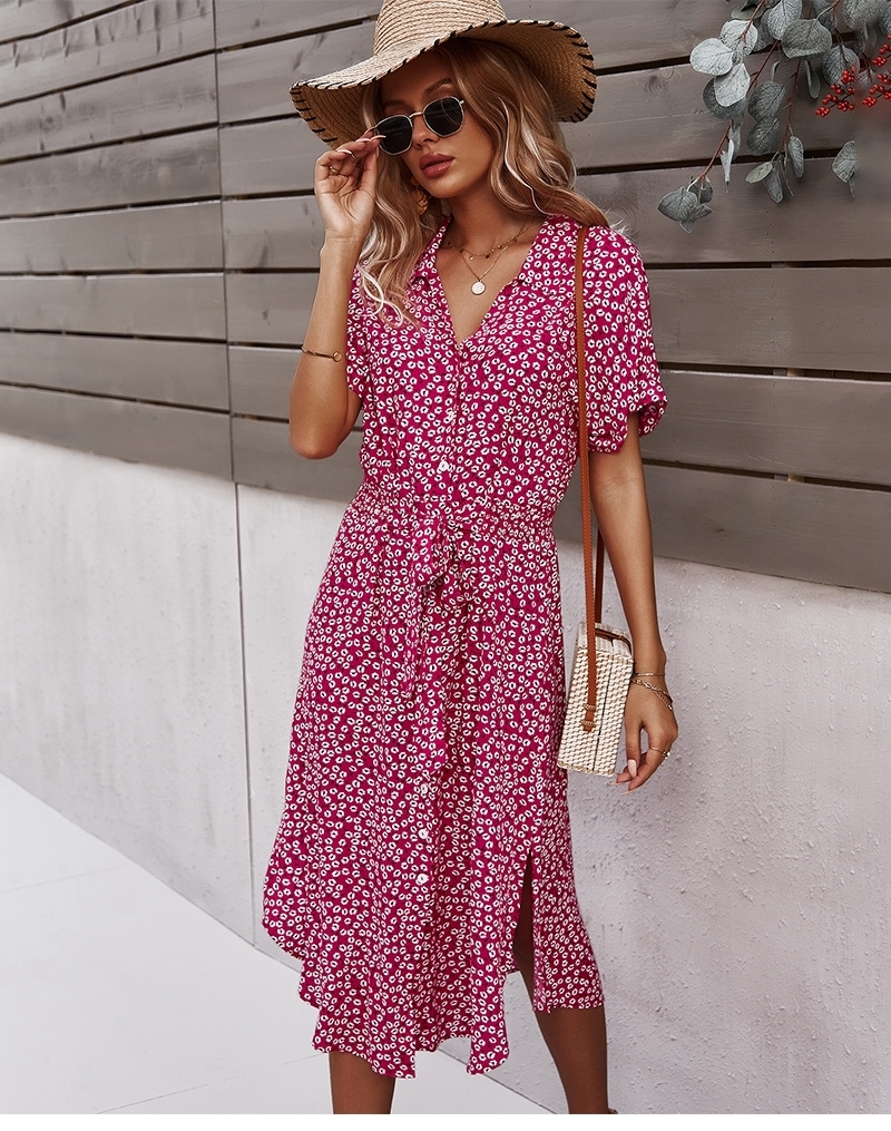 Women Floral Dress Summer Casual Short Sleeve Button Holiday Midi Dresses Female VNeck Beach Boho Chic Dress Elegant Robe D220611