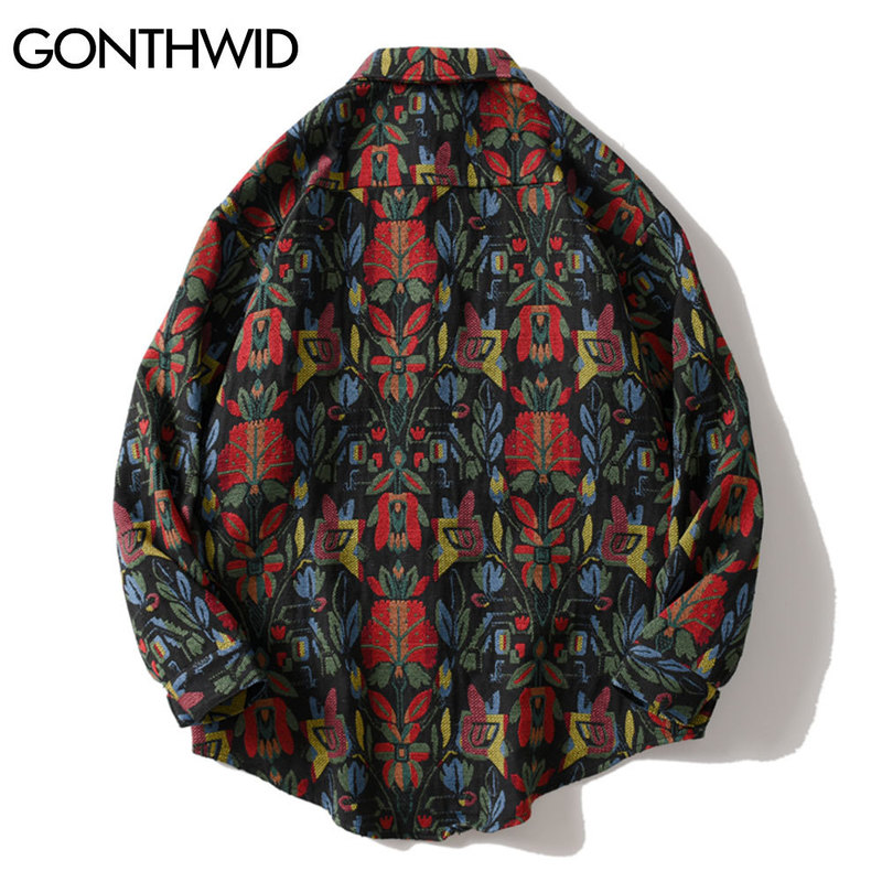 GONTHWID Southwestern Aztec Tribal Indian Button Shirts Streetwear Hip Hop Casual Flowers Patterned Long Sleeve Shirt Coats Tops 220322