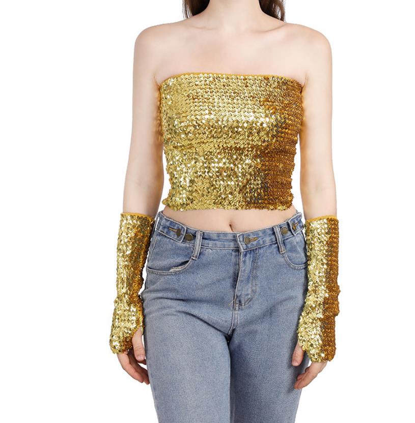 Womens Stage Wear Sparkly Sequin Mermaid Crop Tops Strapless Metallic Stretch Tube Tops Sexy Bling Party Clubwear Costume Camisoles