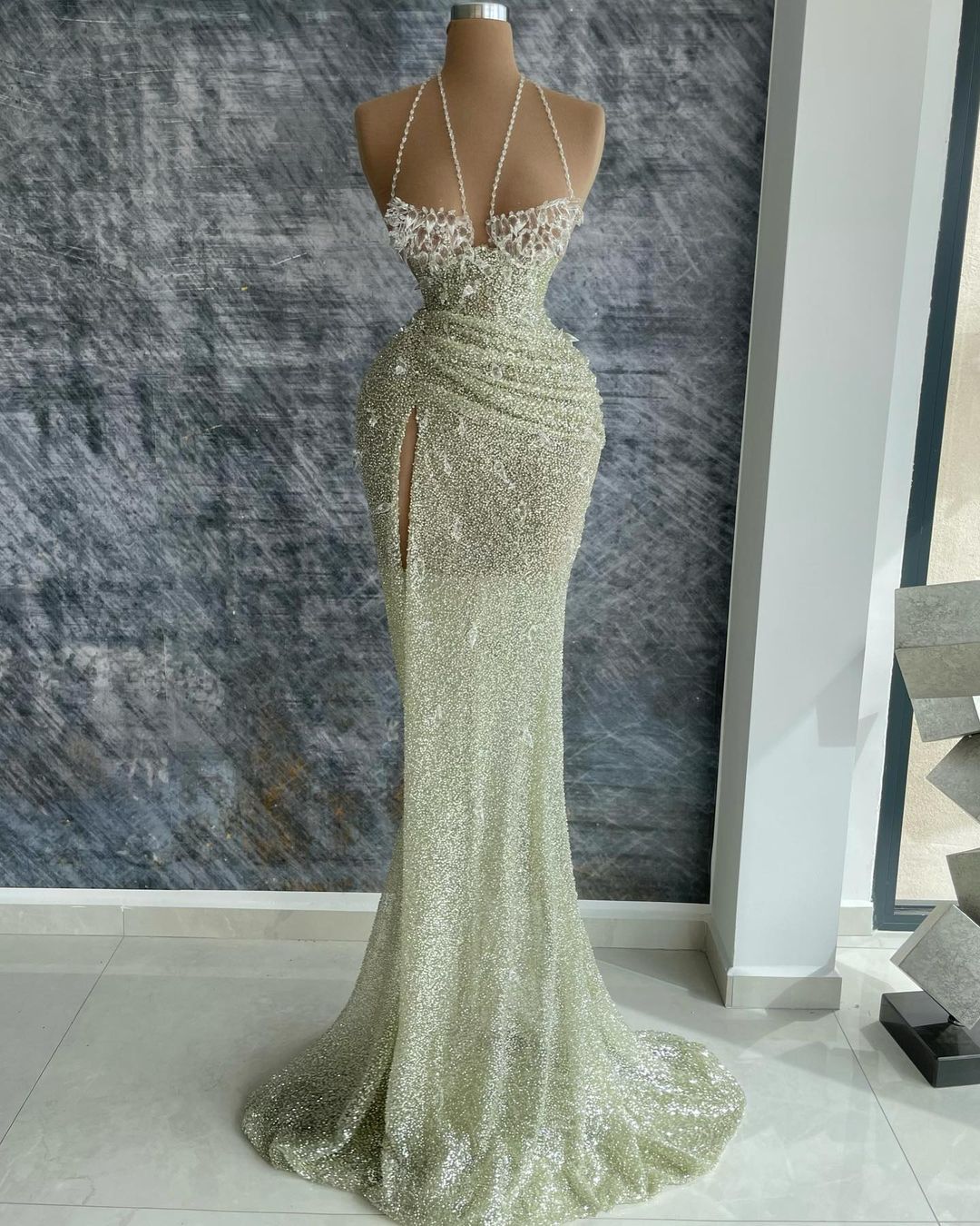 Plus Size Arabic Aso Ebi Silver Mermaid Luxurious Prom Dresses Crystals Sexy Evening Formal Party Second Reception Birthday Engagement Gowns Dress ZJ4