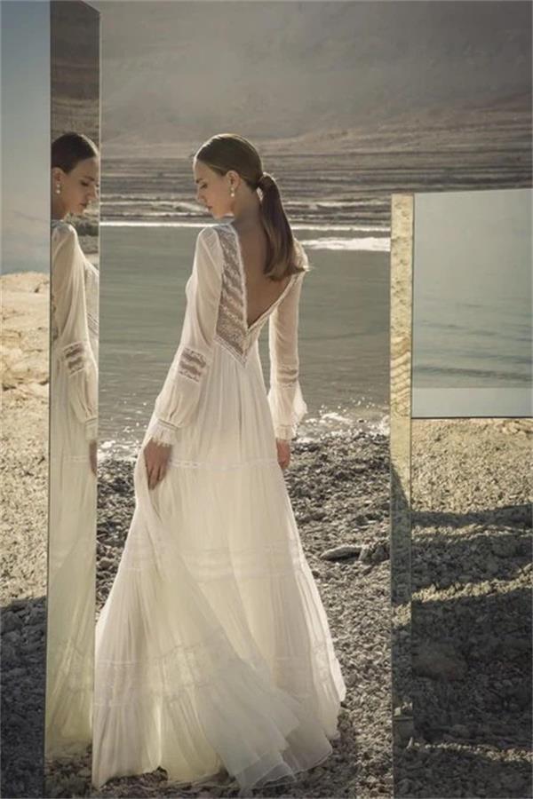 Inbar Freiman 2022 Bohemian 2022 Chiffon Wedding Dress Lace Long Sleeve V Neck Bridal Dresses A Line Wedding Gowns Vestido de Noiva