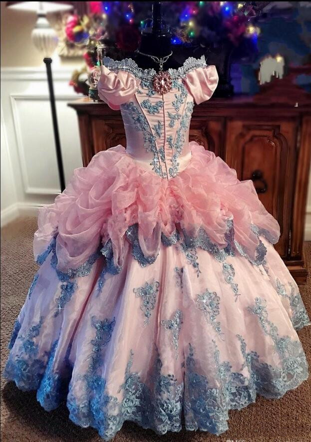 Vintage Gothic Flower Girls dresses Blush Pink Lace-up Corset Victoria Little Princess Toddle Infant Girls Communion Gown