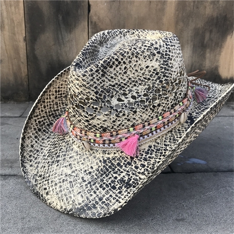 Women Straw Hollow Western Cowboy Hat Elegant Lady Tassel Sombrero Hombre Hat Fascinator Sunbonnet Cowgirl Sun Hat T200605