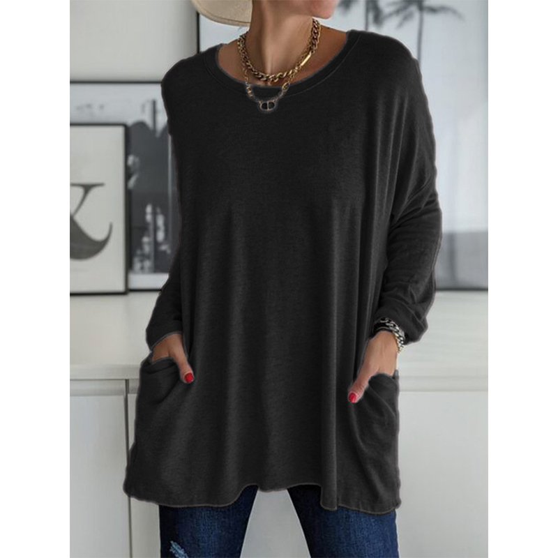 Solid Color Vintage Pocket Oversized T-shirt Female Clothing Fashion Autumn Tunic Basic Y2k Top Women Long Sleeve T Shirt 220328