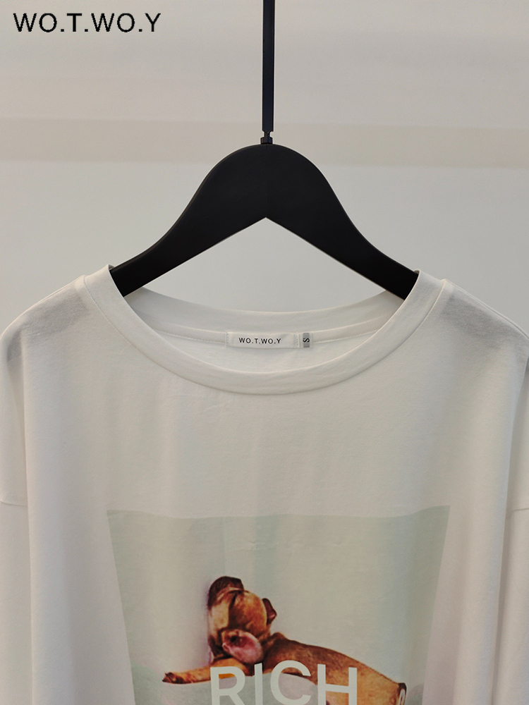 WOTWOY Long Sleeve Funny Printed Graphic T shirt Cotton Casual Loose Basic Tops Female White Cute Tee Shirts Harajuku 220728