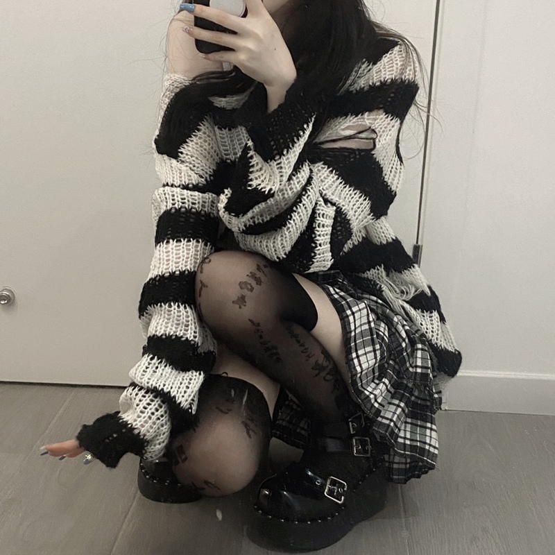 Karrcat Punk Gothic Long Sweater Women Dark Aesthetic Striped Pullovers Hollow Out Oversized Grunge Jumpers Emo Alt Clothes Y2k 220817