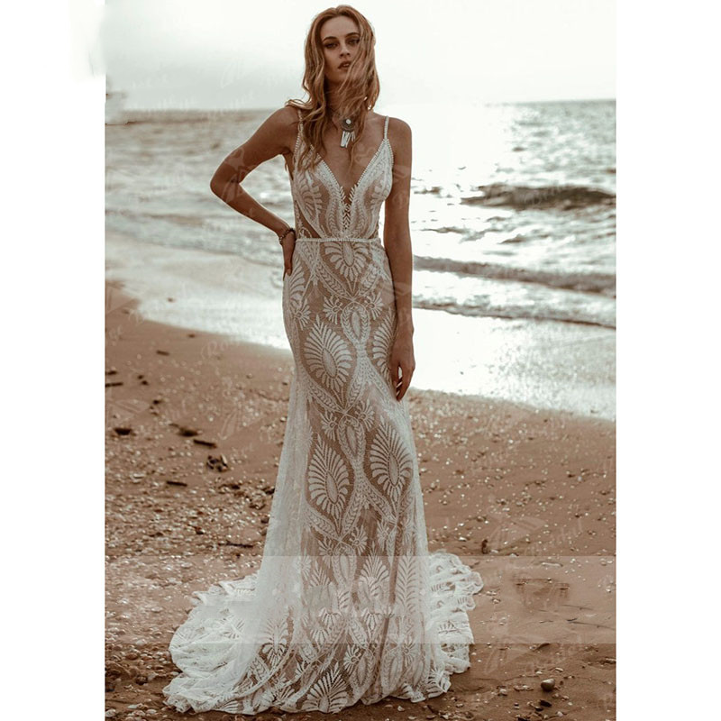 2022 Bohemian mermaid Wedding Dress V Neck Lace Boho Spaghetti Straps Backless Beach fisthail Bridal Gowns Vestido de novia