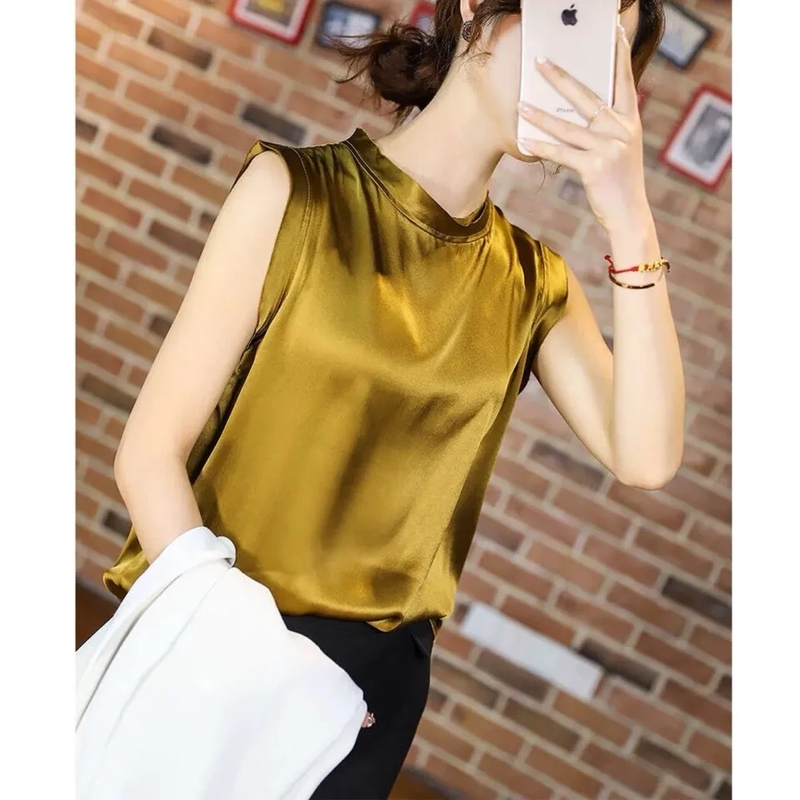 Summer Thin Tank Silk Elegant Woman Top Plus Size Vests Sleeveless Korean Fashion Clothing Loose Yellow Blue Black Tube Urban 220325