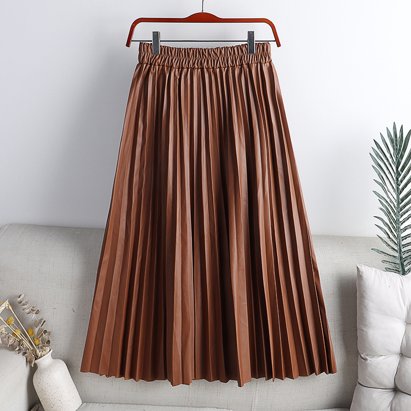 Autumn Winter Women Midi-Calf PU Leather Elastic Waist Pleated Skirts Office Ladies High A-Line Harajuku Skirt DS288 220322