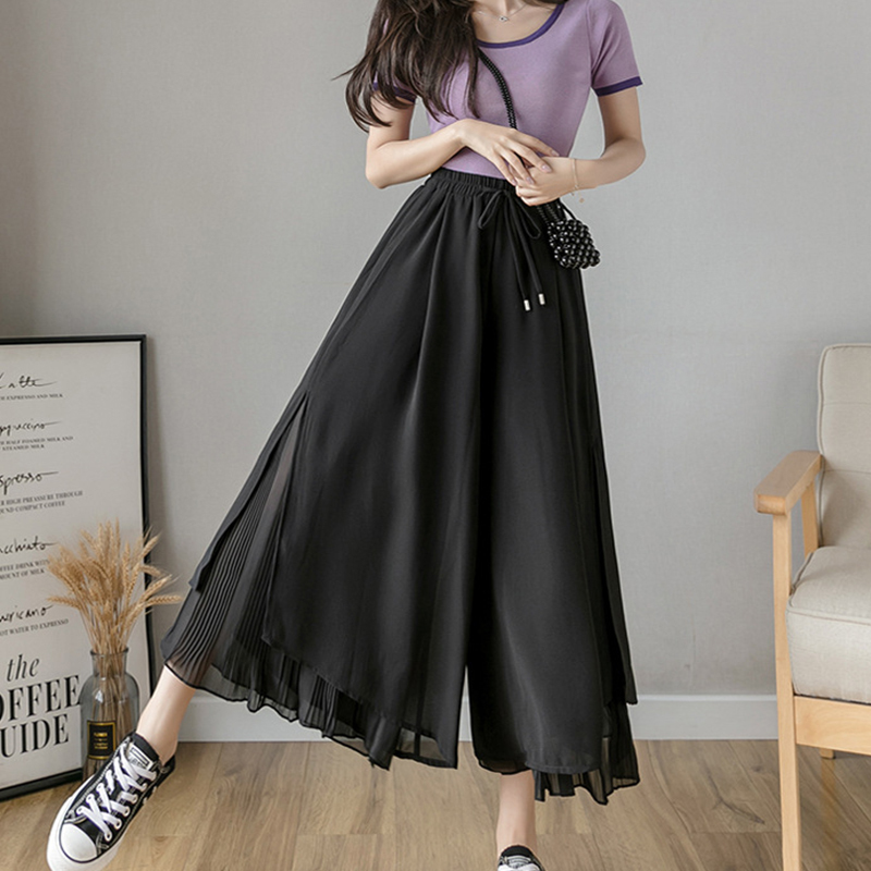 Spring Summer Style Pleated Chiffon Wide Leg Pants Fashion High Waist Drape Elegant Ankle-length Pants Skirt Trousers