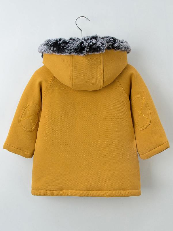 YINGZIFANG Toddler Boys Patch Detail Raglan Sleeve Fuzzy Trim Hooded Winter Coat SHE