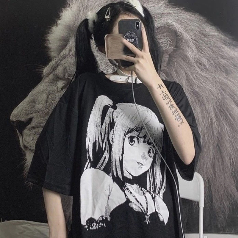 QWEEK Manga Anime Print T-shirts for Women Japanese Style Black Oversized Graphic T-shirt Mall Goth Tops Dark Academia 220321