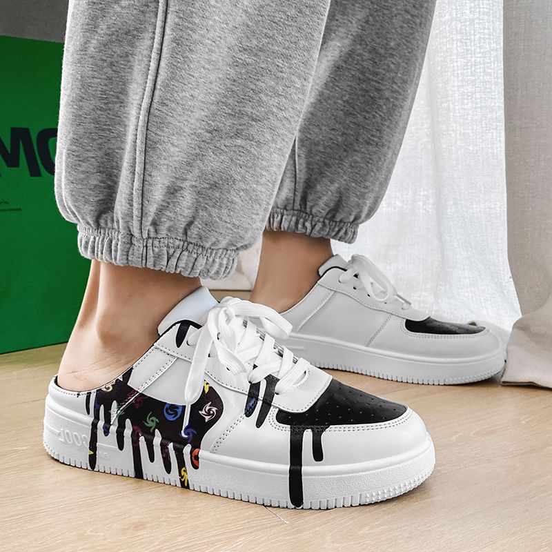 Board Shoes Men PU Leather Color Matching Flat Heel Round Head Casual Fashion Hollow Print Lace Up Trend Daily New Half Care Student HM326