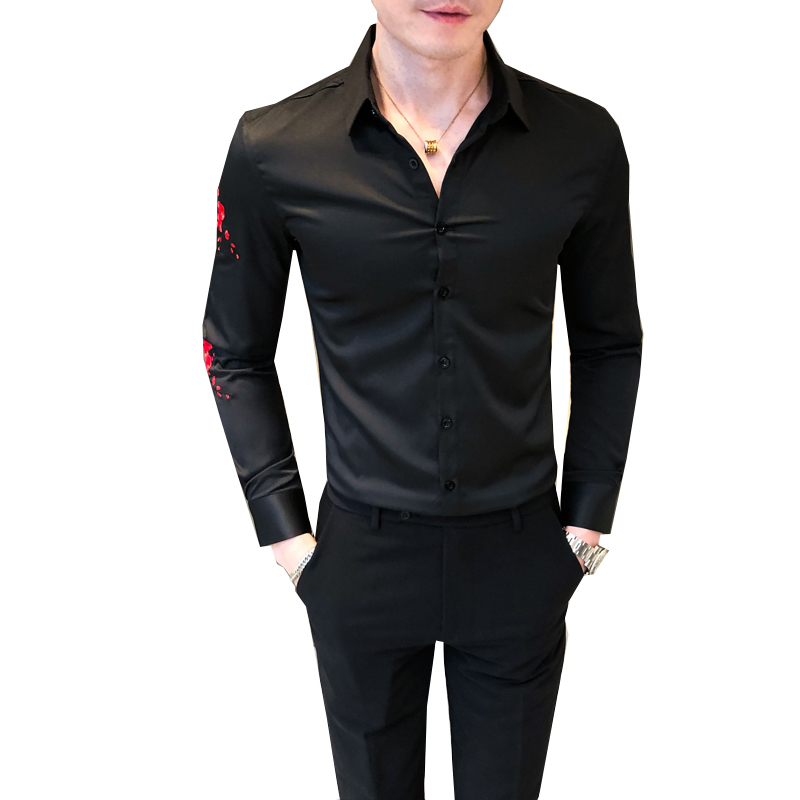 Embroidery Floral Men's Shirt Long Sleeve Business Formal Dress Casual Shirts Streetwear Social Party Bar Male Clothing Camisa 220322