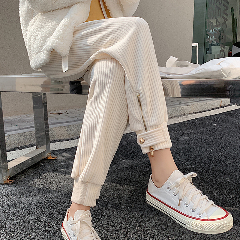 JMPRS Winter Corduroy Pant Thick Warm Plus Size Fashion Zipper Elastic High Waist Pencil Pant Causal Loose Baggy Trousers 220325